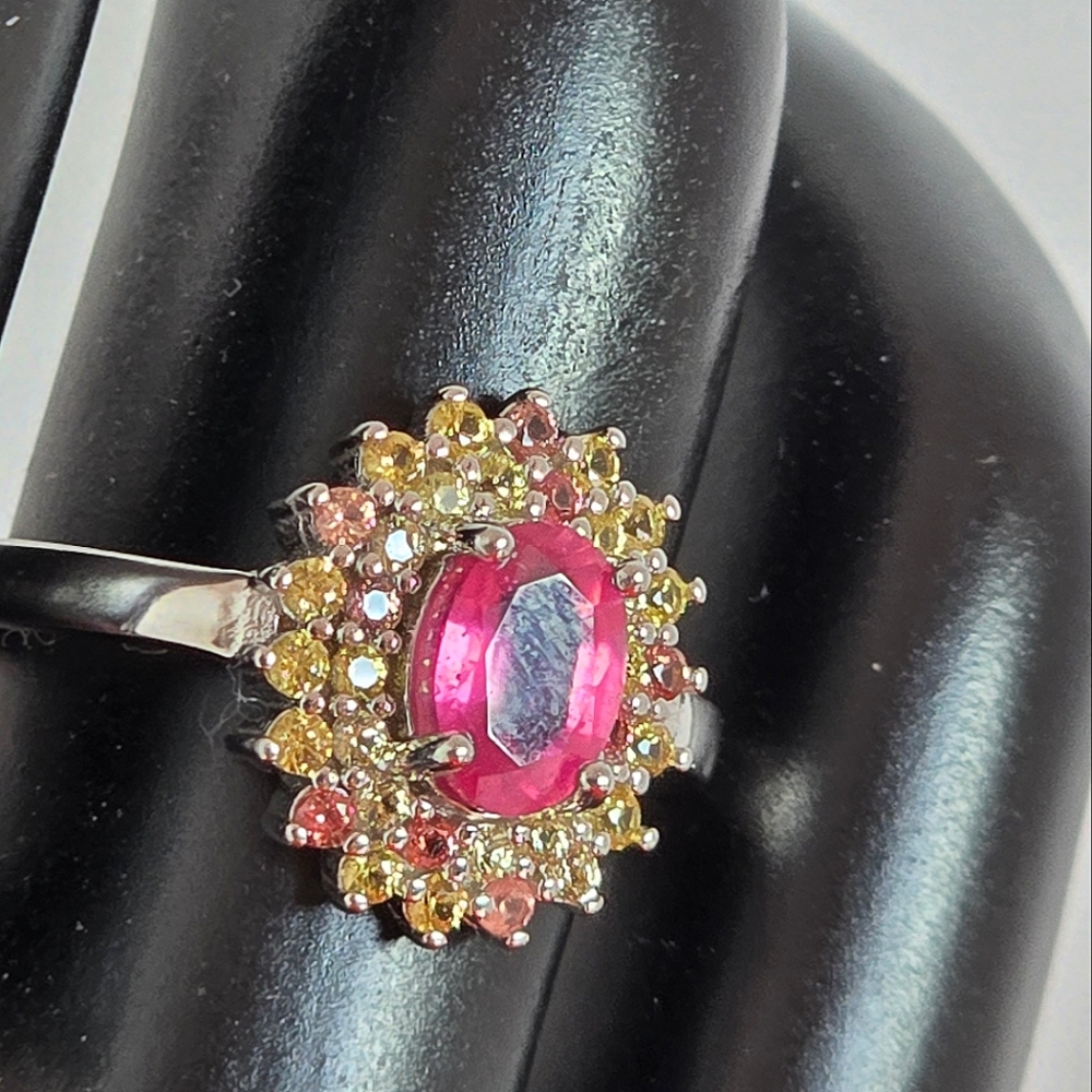 925 Sterling Silver Ring Sz 7 with Natural Oval Ruby & Sapphire Gemstones.